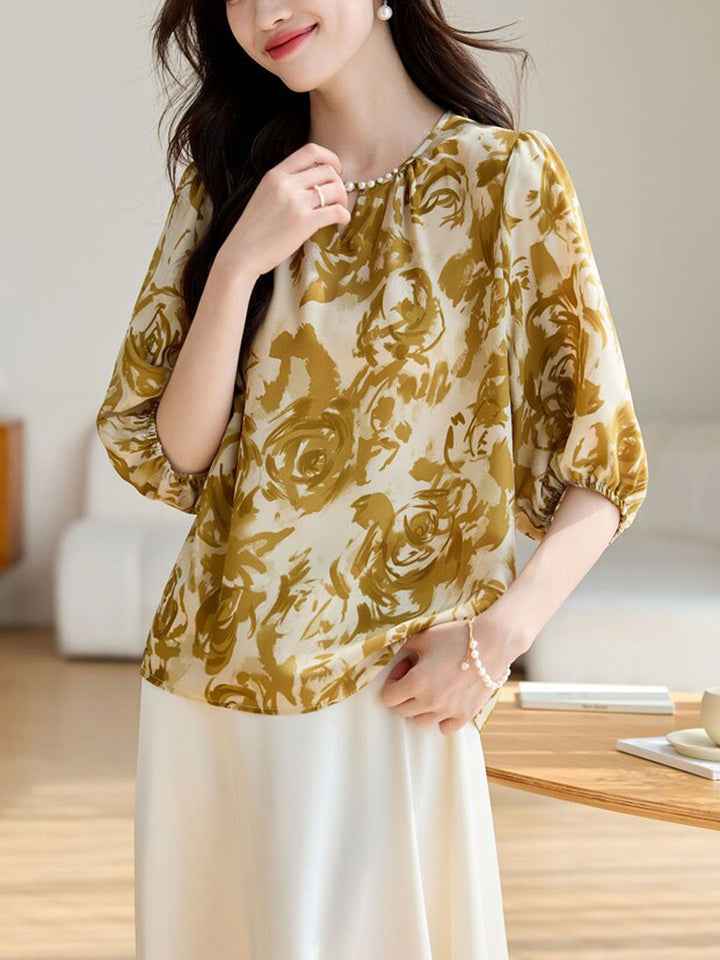 Kayla Loose Crew Neck Printed Chiffon Top