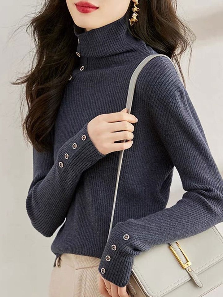 Jessica Turtleneck Solid Color Knitted Button Top-Gray