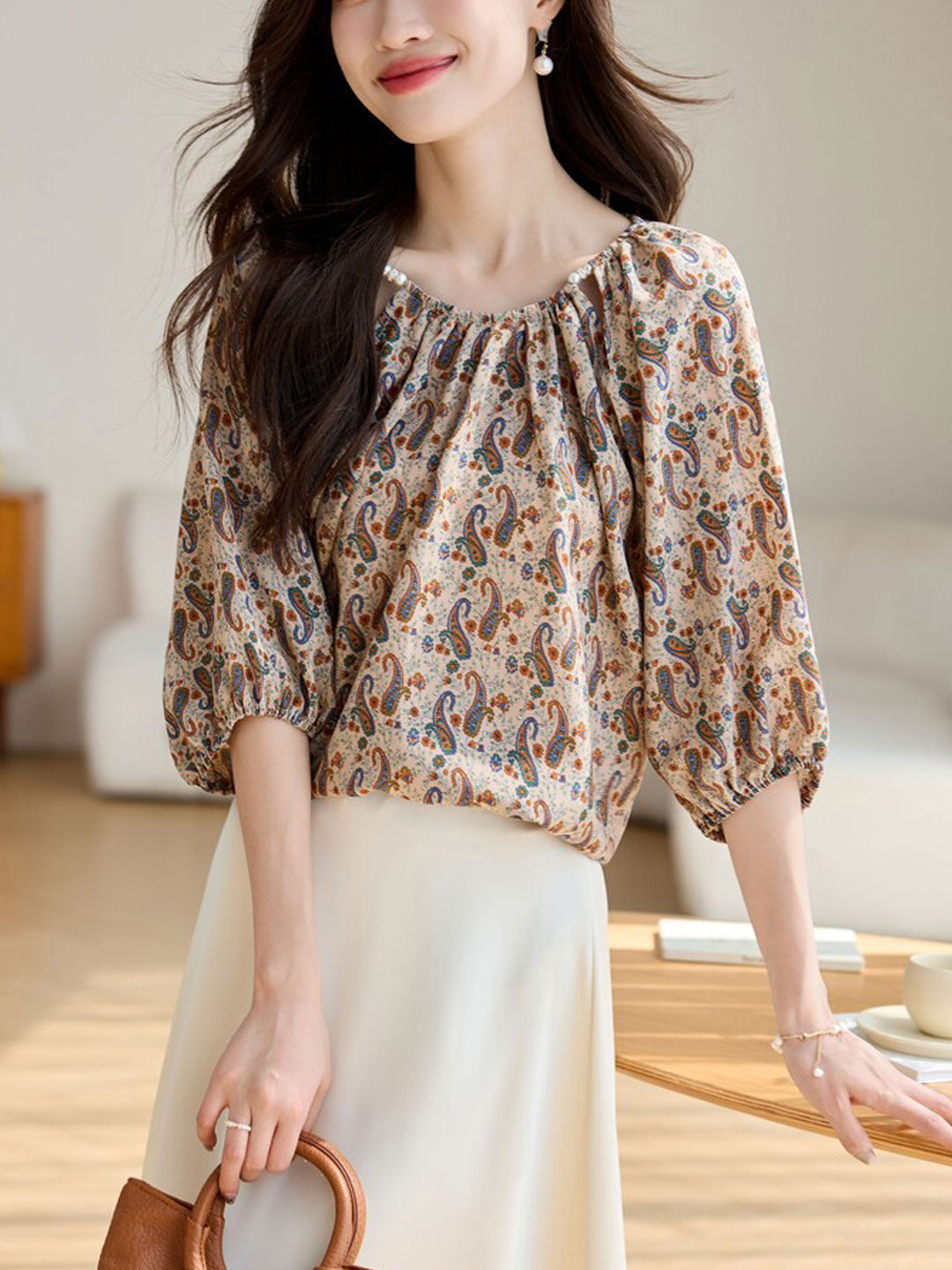 Amy Loose Crew Neck Printed Chiffon Top