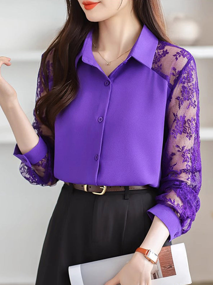 Sophie Loose Lapel Panel Lace Chiffon Shirt