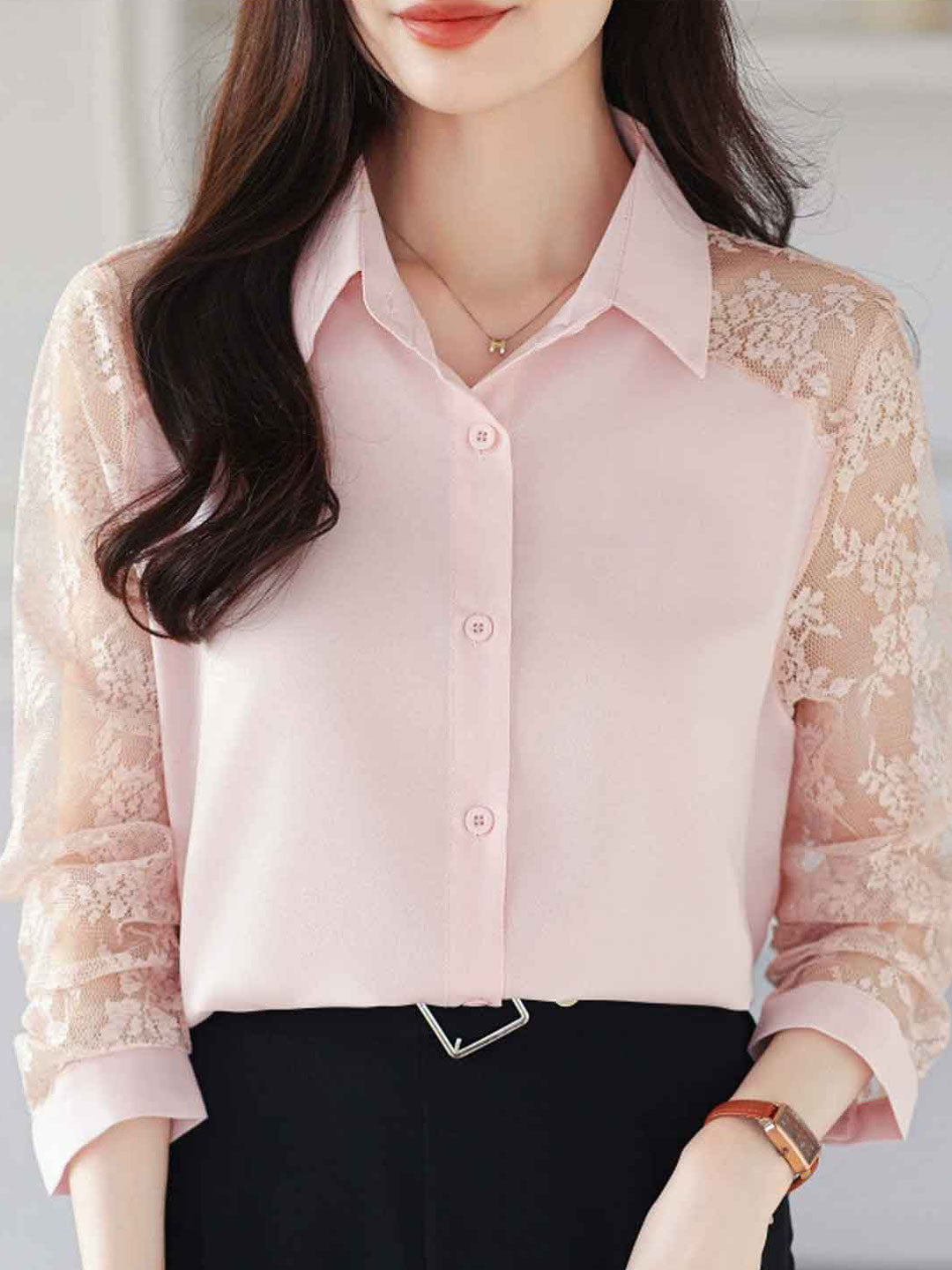 Sophie Loose Lapel Panel Lace Chiffon Shirt