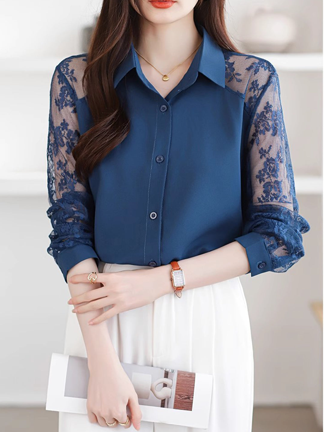 Sophie Loose Lapel Panel Lace Chiffon Shirt