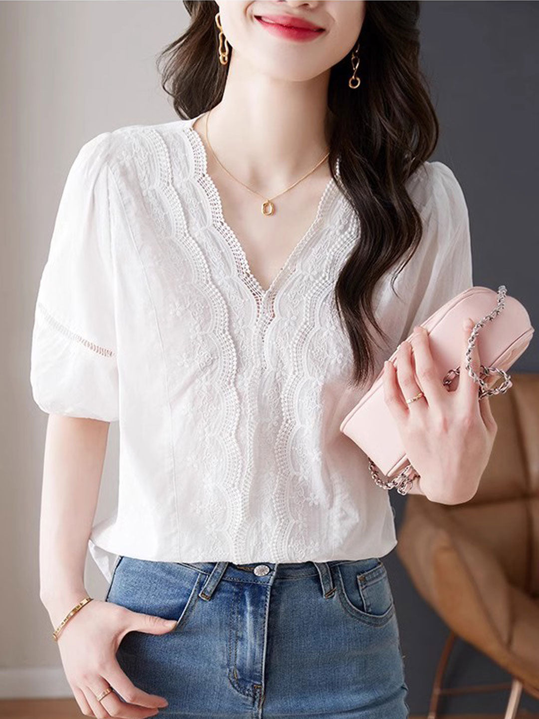 Olivia Retro V-Neck Lace Embroidered Top