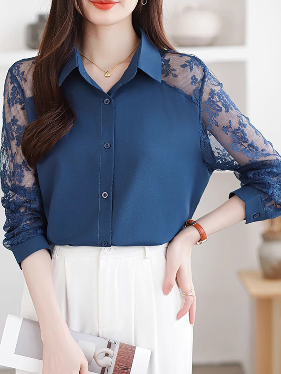 Sophie Loose Lapel Panel Lace Chiffon Shirt