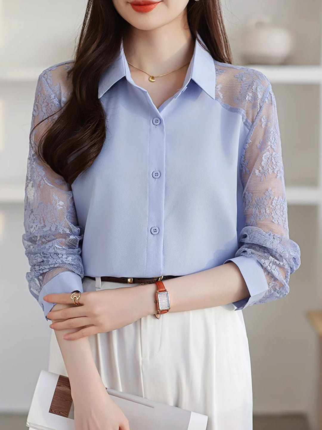 Sophie Loose Lapel Panel Lace Chiffon Shirt