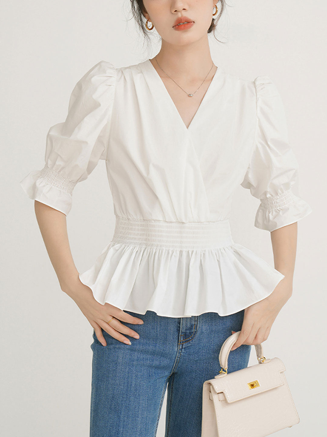 Sophie Elegant V-neck Puff Sleeve Waist Top