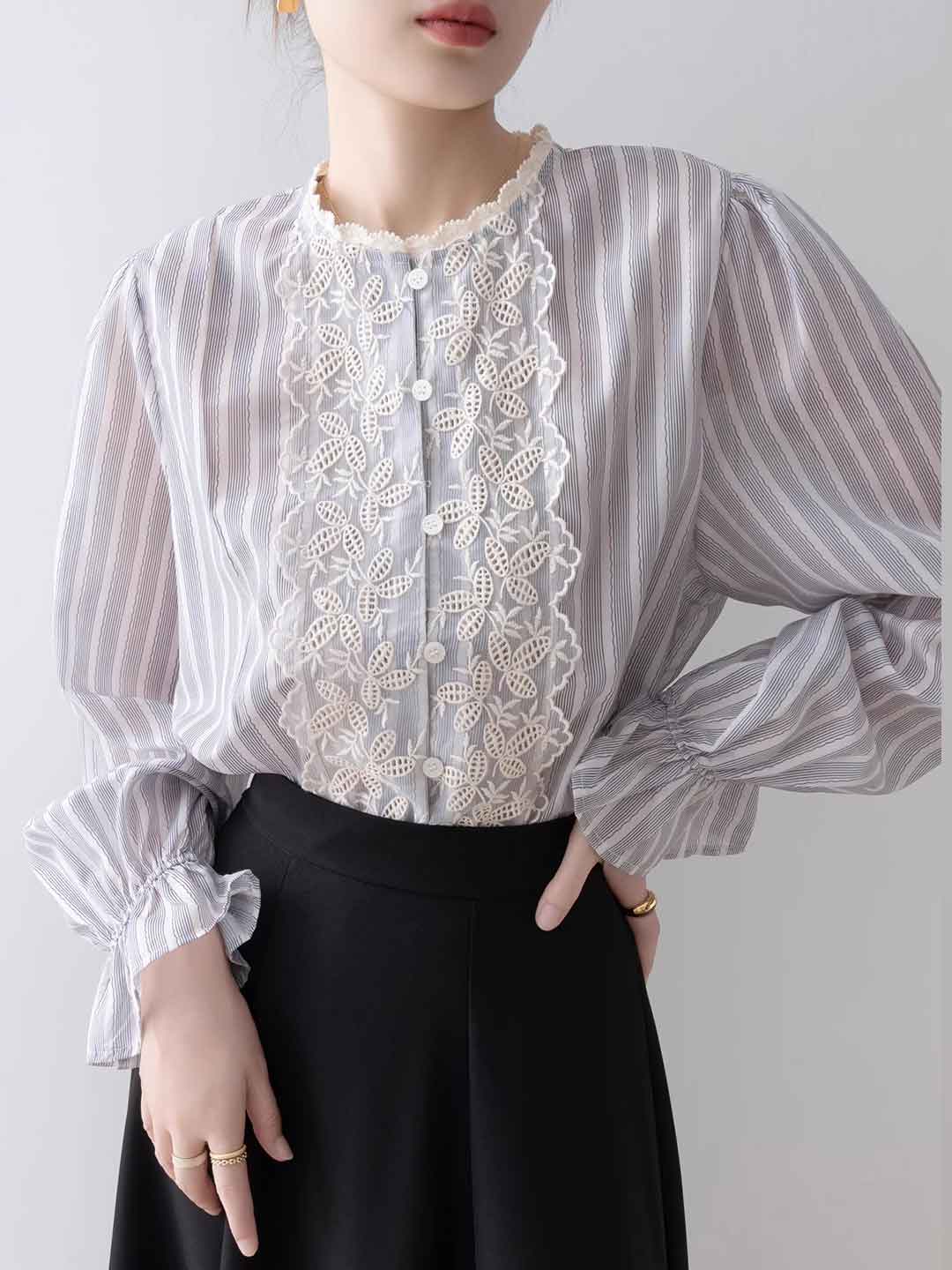 Jessica Vintage Mesh Embroidered Striped Lace Shirt