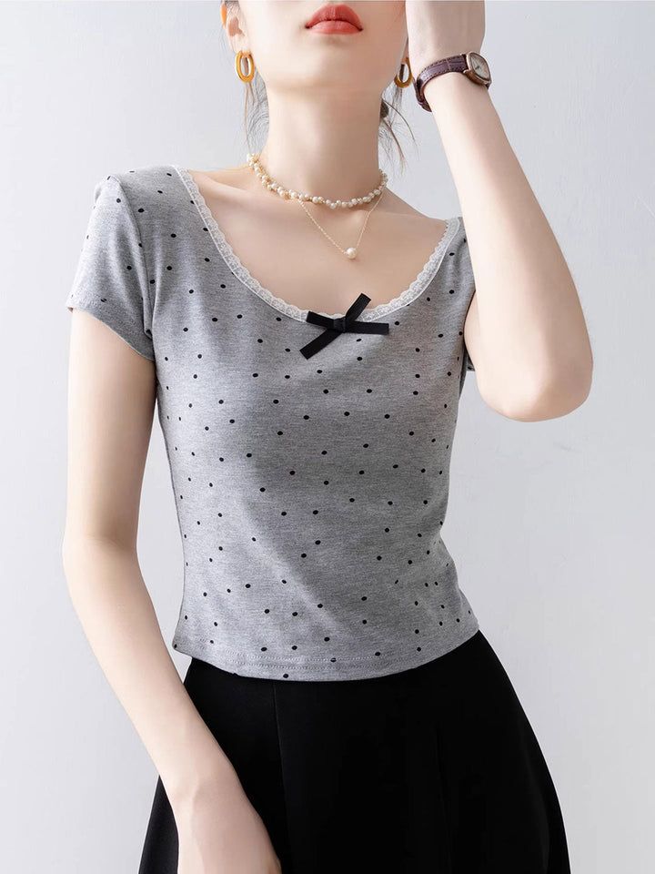 Molly Classic Square Neck Polka Dot Lace Bow Top