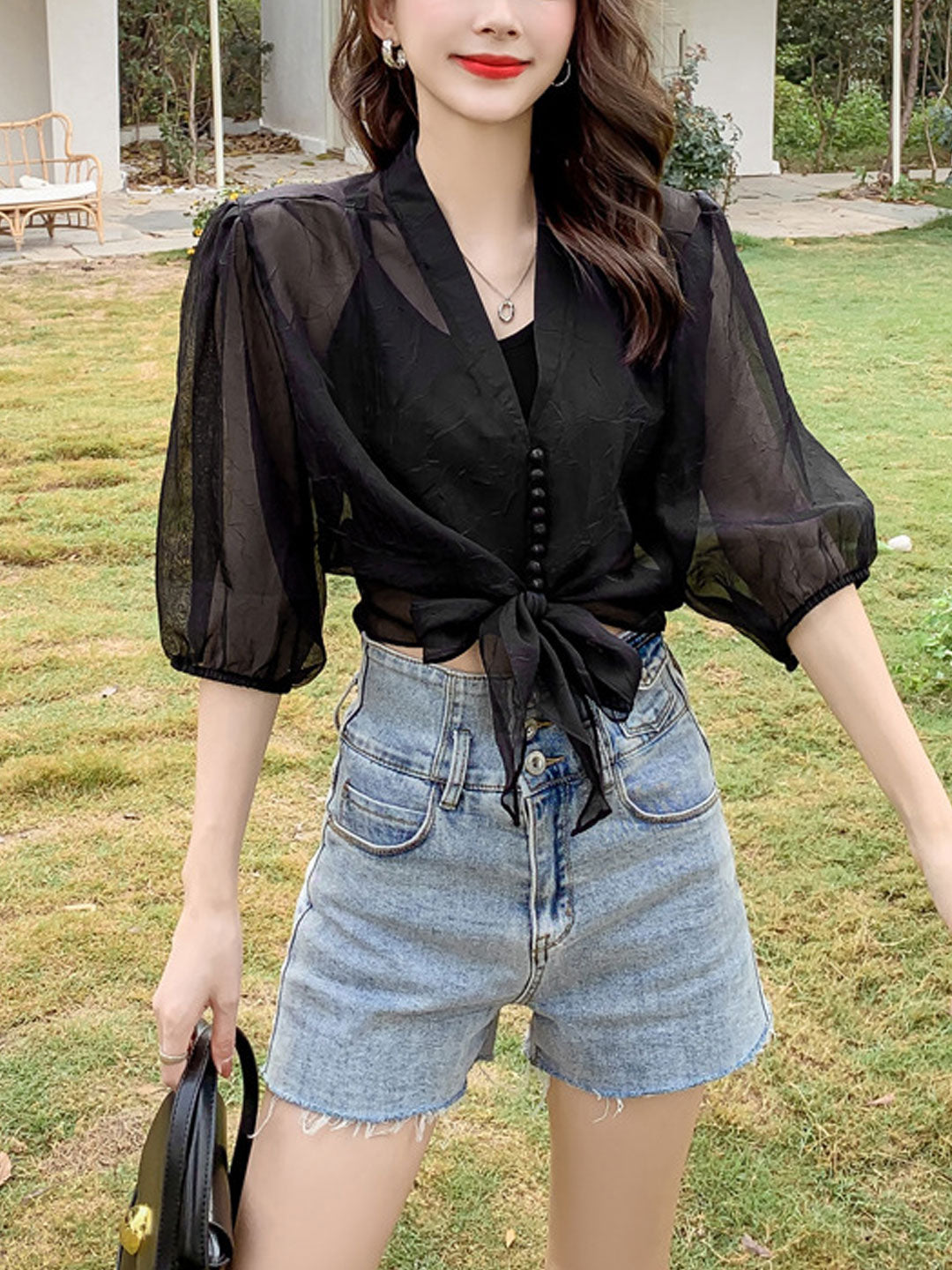 Alyssa Retro V-Neck Lantern Sleeve Chiffon Shirt