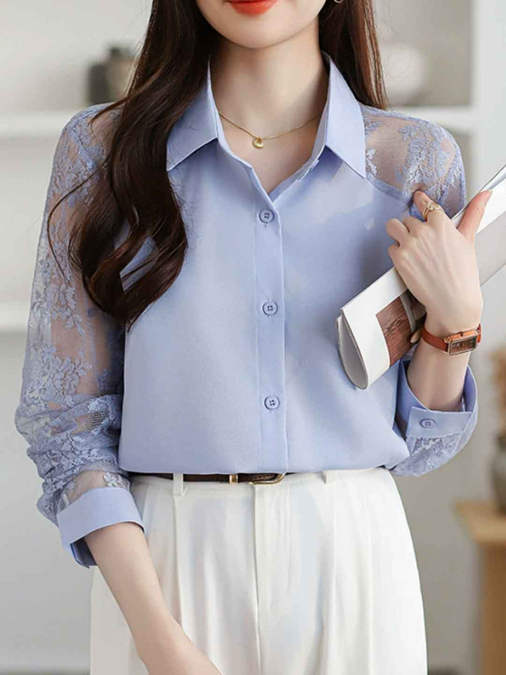 Sophie Loose Lapel Panel Lace Chiffon Shirt