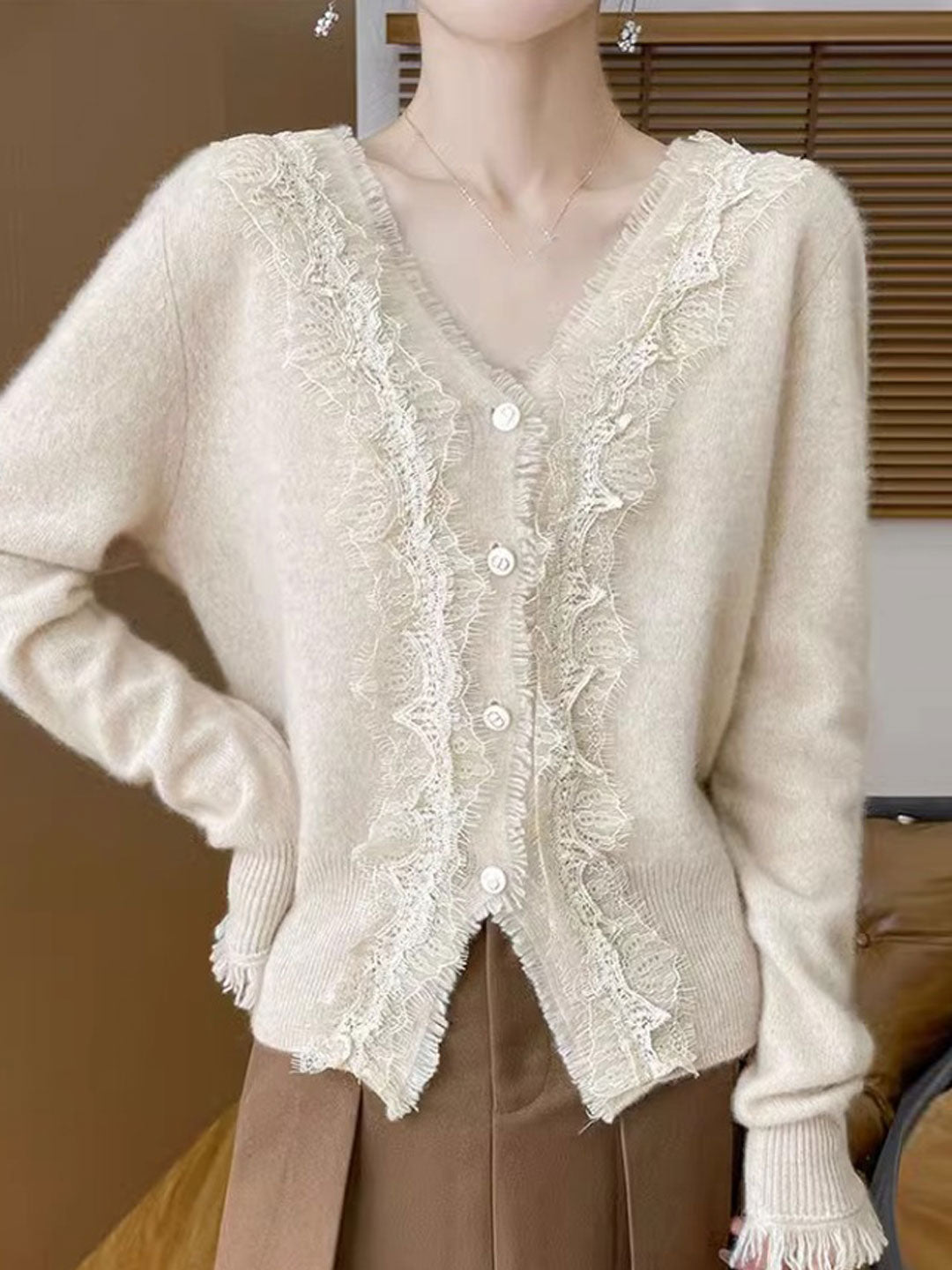 Emma Elegant V-Neck Lace Knitted Cardigan