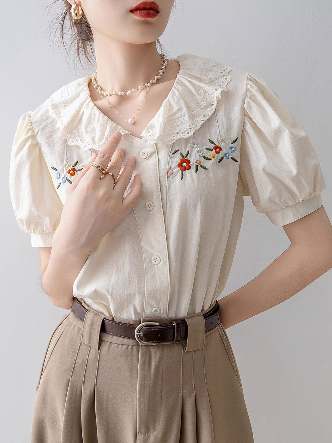 Melanie Retro Doll Collar Embroidered Lace Top