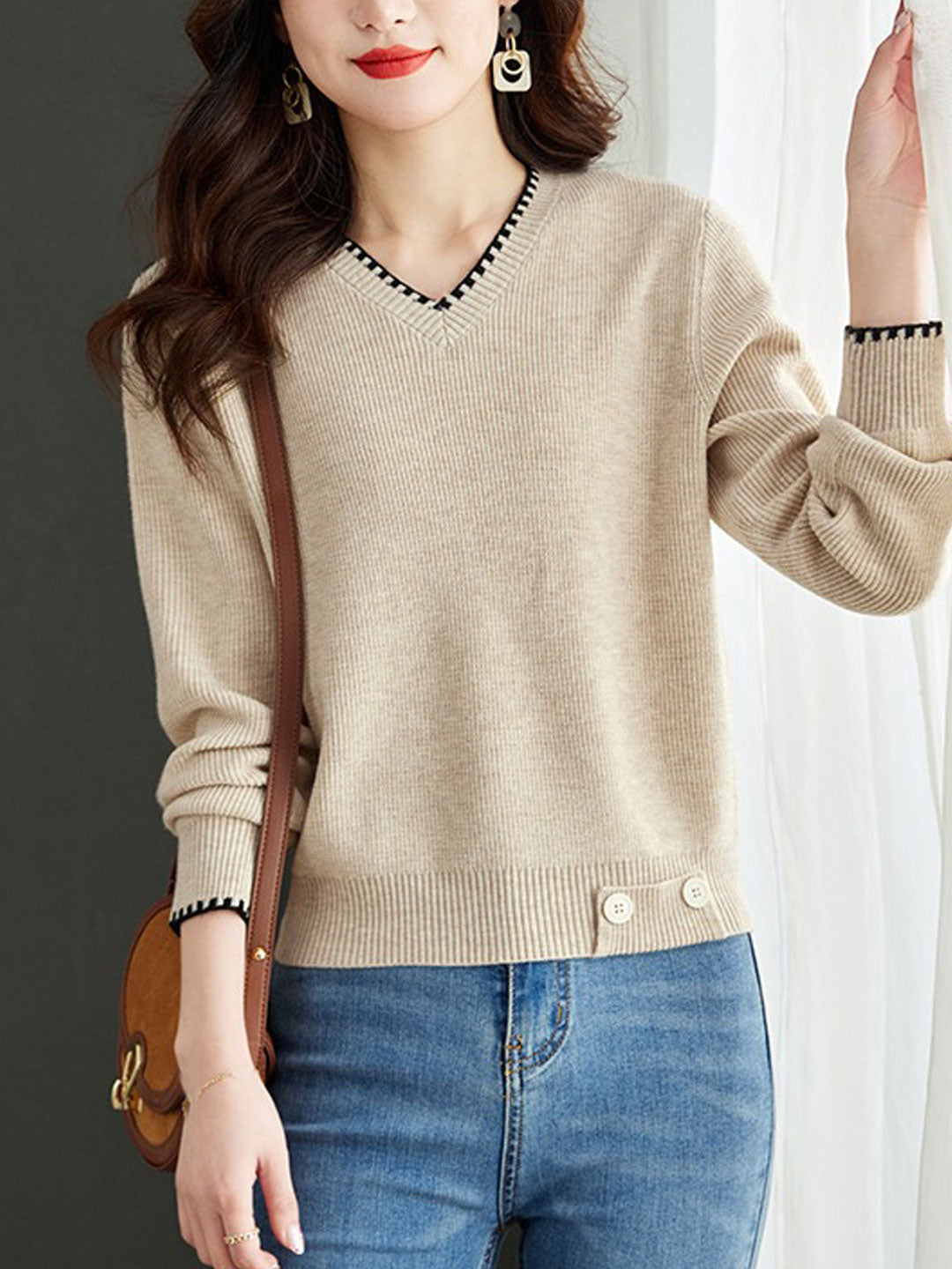 Isabella V-Neck Solid Color Knitted Sweater-Khaki