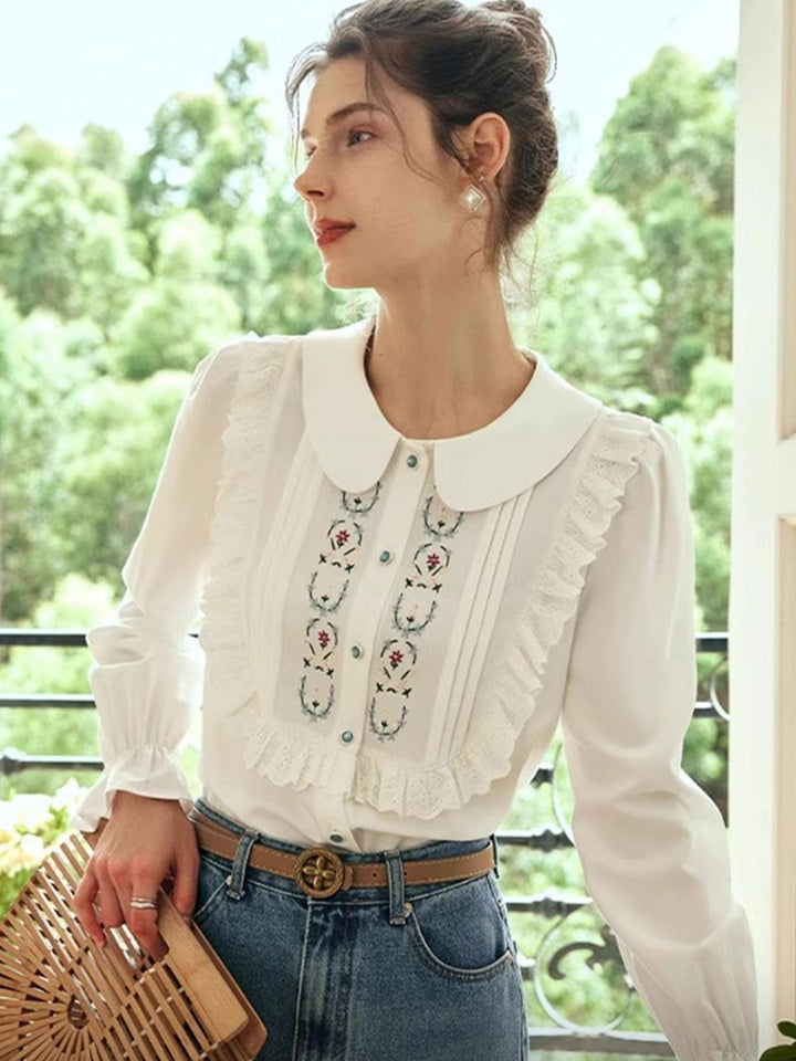 Claire Loose Lapel Puff Sleeve Embroidered Shirt