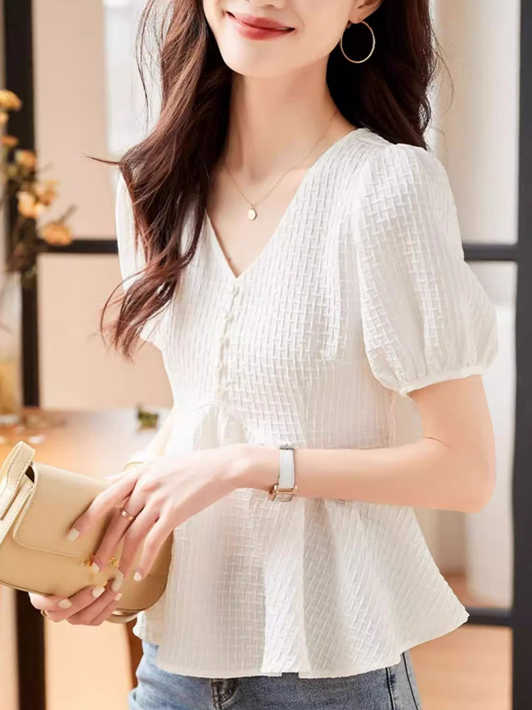 Olivia Elegant V-Neck Pleated Chiffon Top