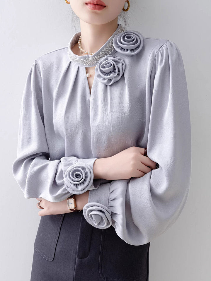 Bella Loose Solid Color Beaded Flower Embossed Shirt