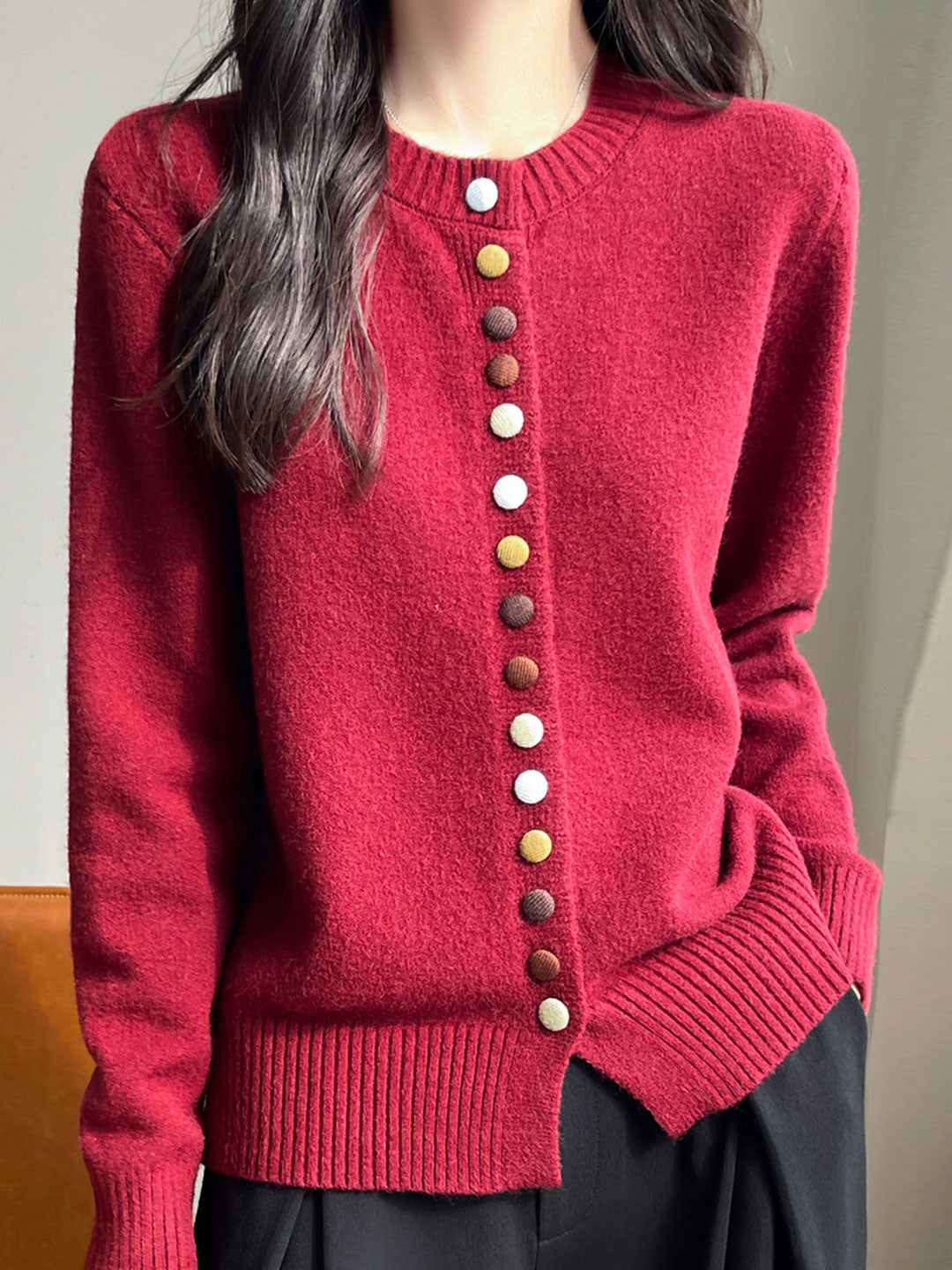 Sophia Classic Crew Neck Colorful Button Knitted Cardigan