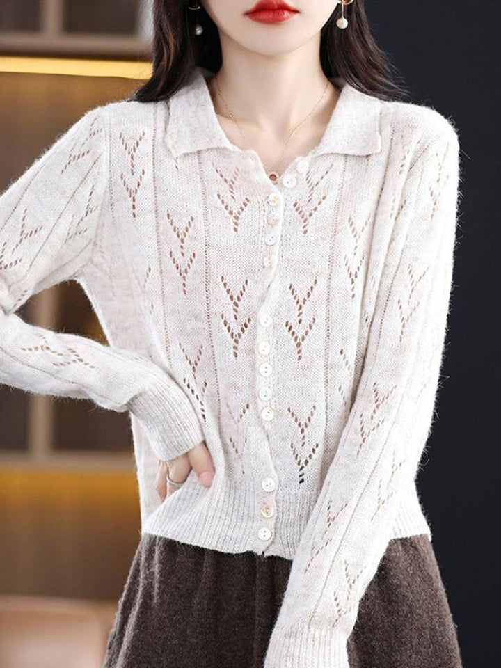 Natalie Polo Collar Solid Color Hollowed Knitted Cardigan