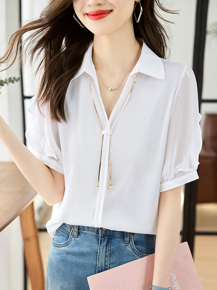 Elizabeth Elegant Lapel Chain Chiffon Shirt-White