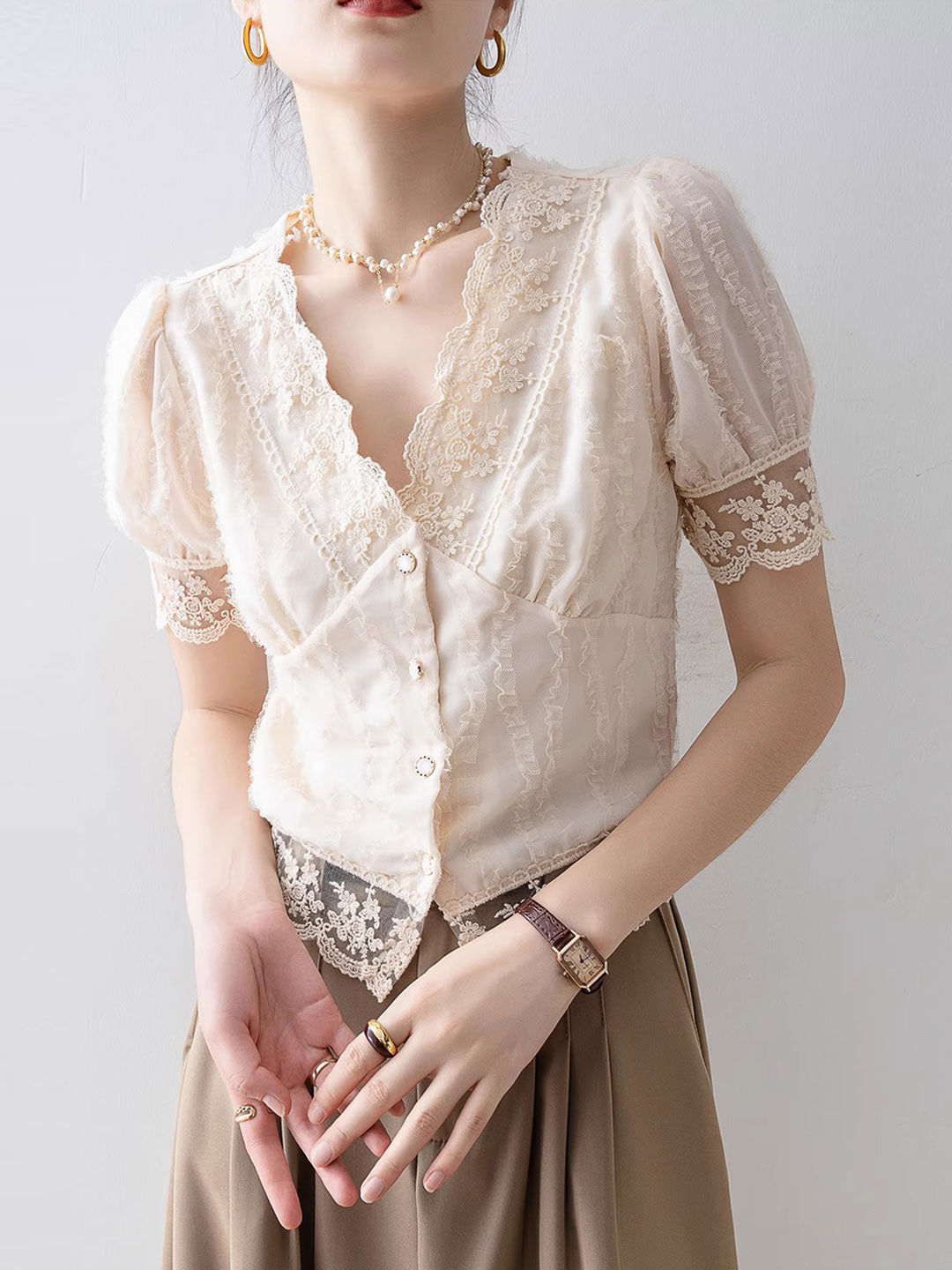 Anna Retro V-Neck Flare Sleeve Hollowed Lace Top