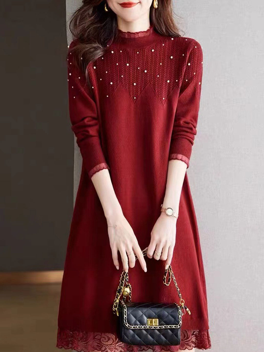 Mariah Elegant Crew Neck Beaded Knitted Dress