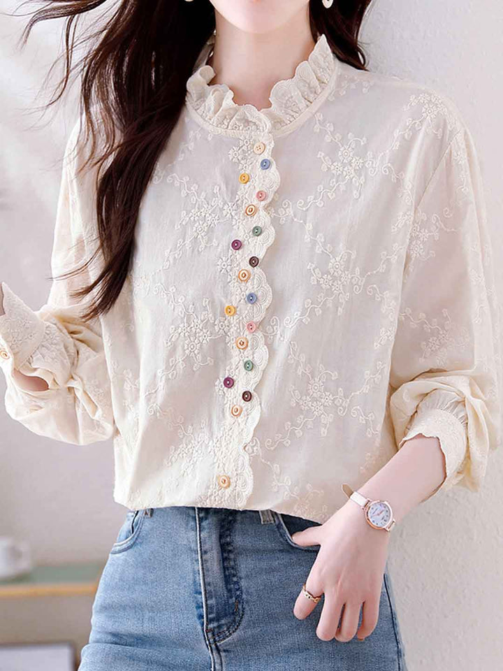 Sophia Classic Ruffle Collar Hollowed Embroidered Top