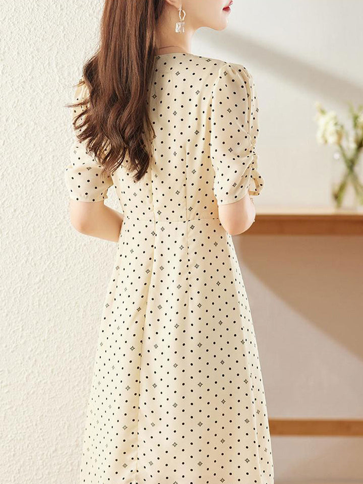 Claire Cute V-Neck Puff Sleeve Polka Dot Dress