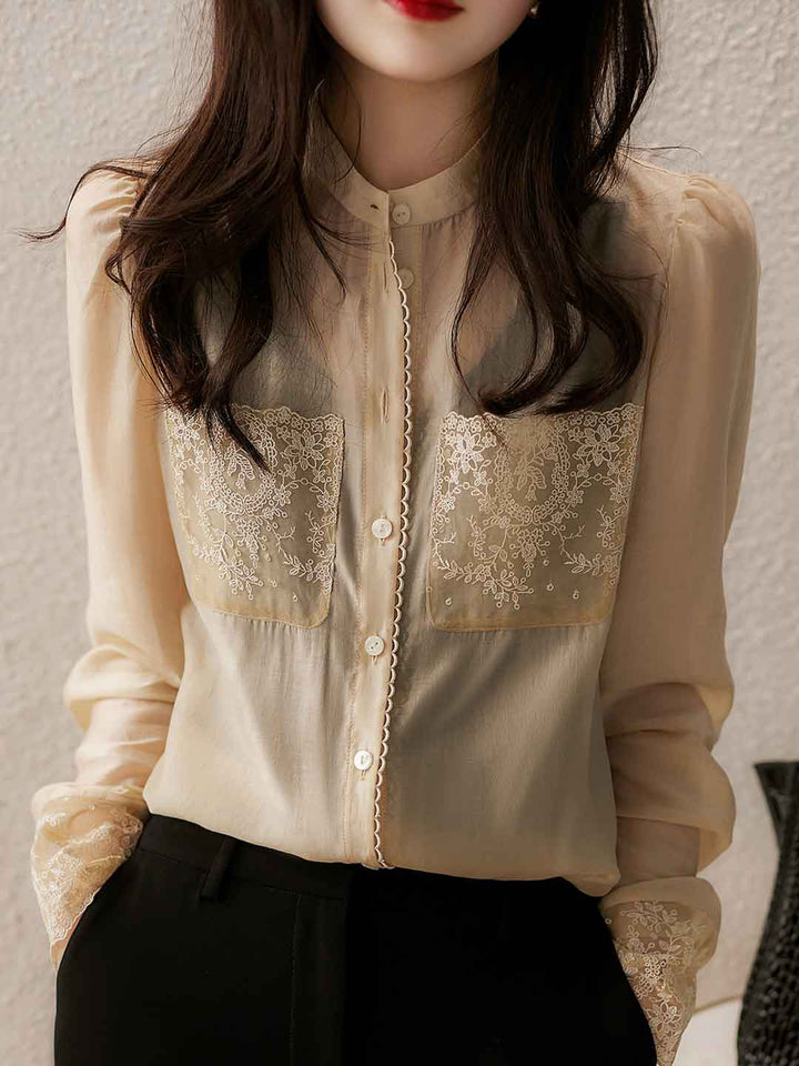 Jocelyn Retro Crew Neck Lace Embroidered Chiffon Shirt