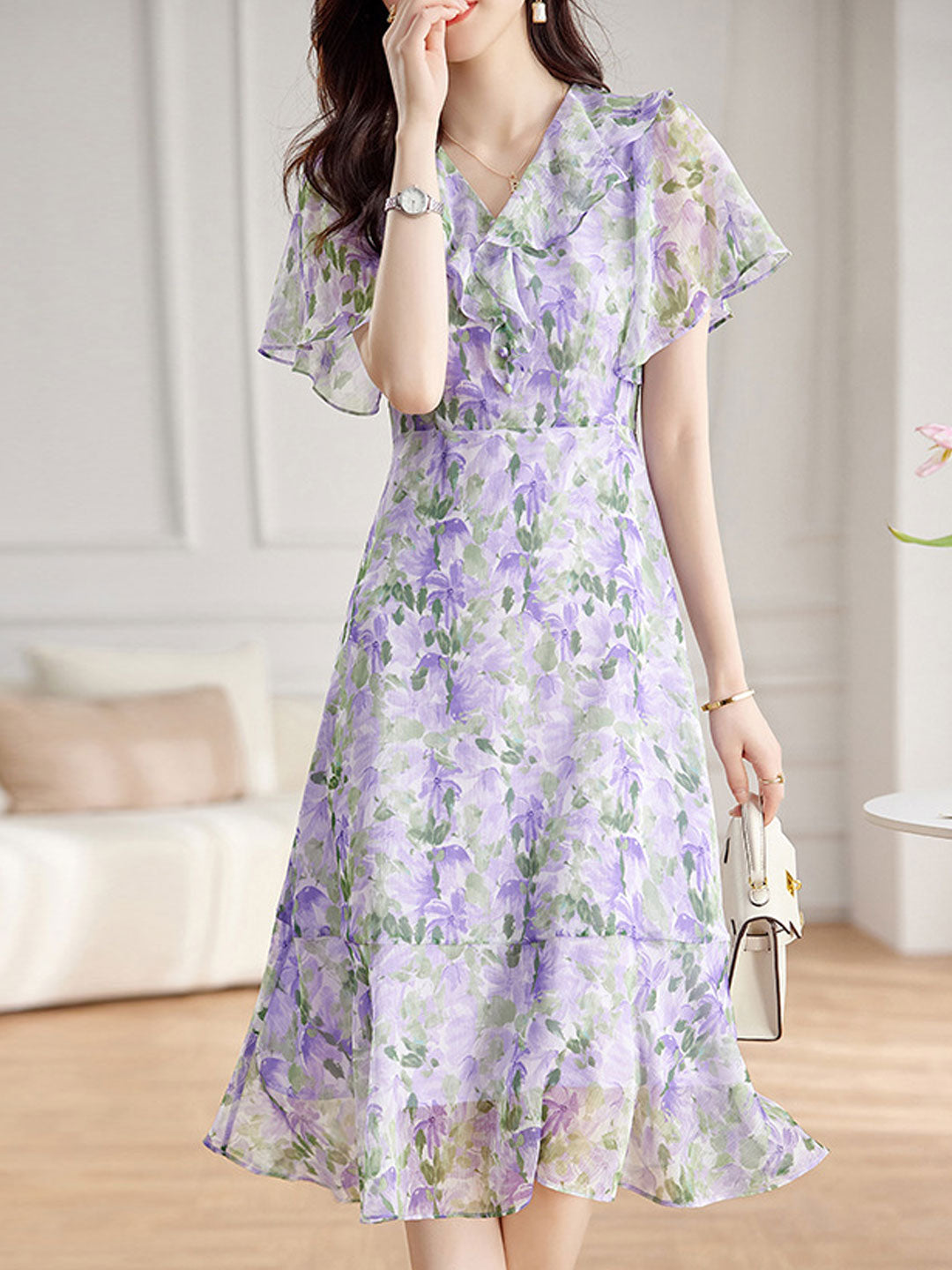 Joyce V-Neck Floral Printed Ruffle Maxi Tea Dress