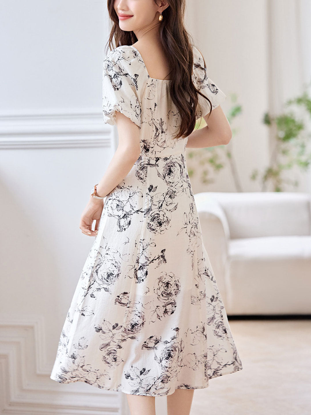 Selina Classic Square Neck Puff Sleeve Floral Dress