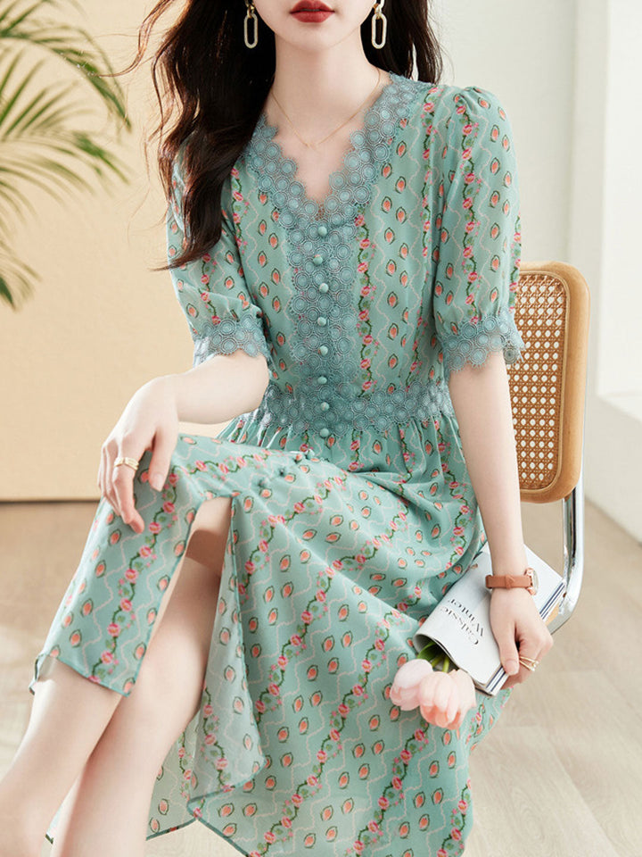 Alyssa Elegant V-neck Lace Printed Floral Dress