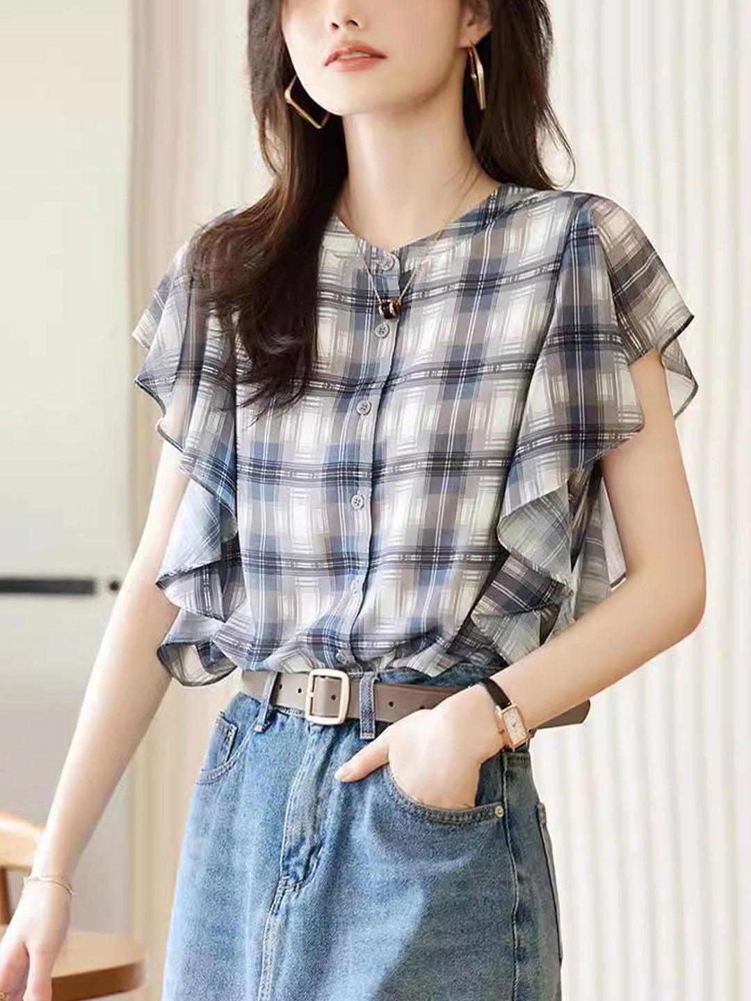 Rachel Casual Crew Ruffled Plaid Chiffon Top