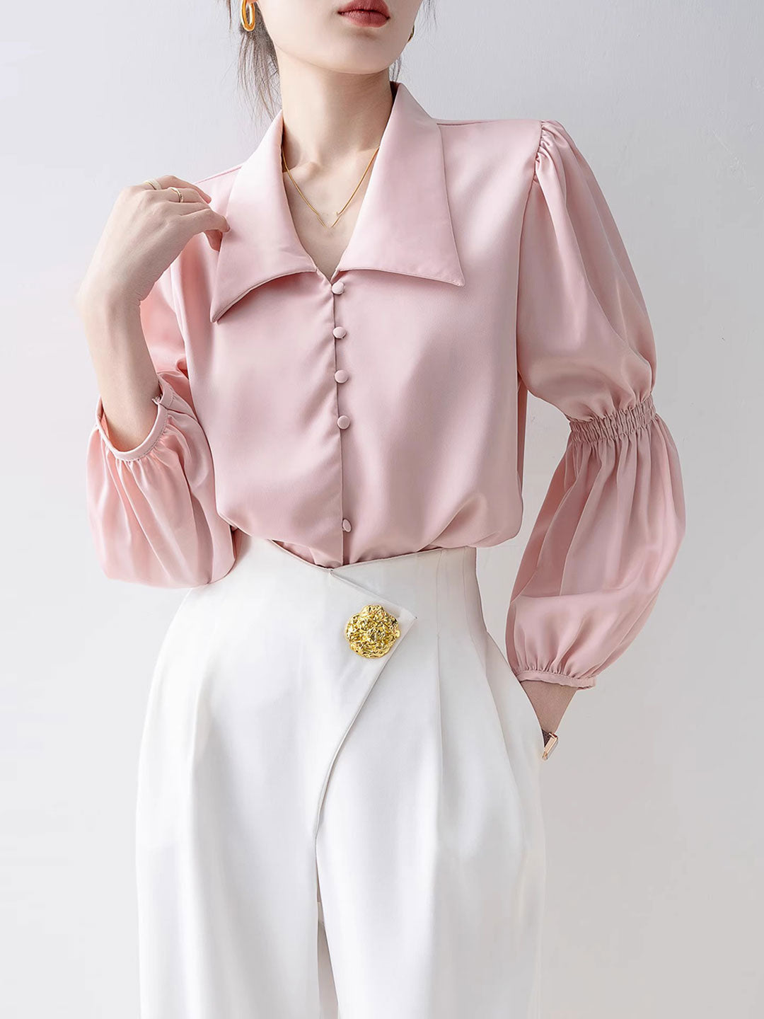 Rachel Classic Balloon Sleeve Lapel Shirt-Apricot