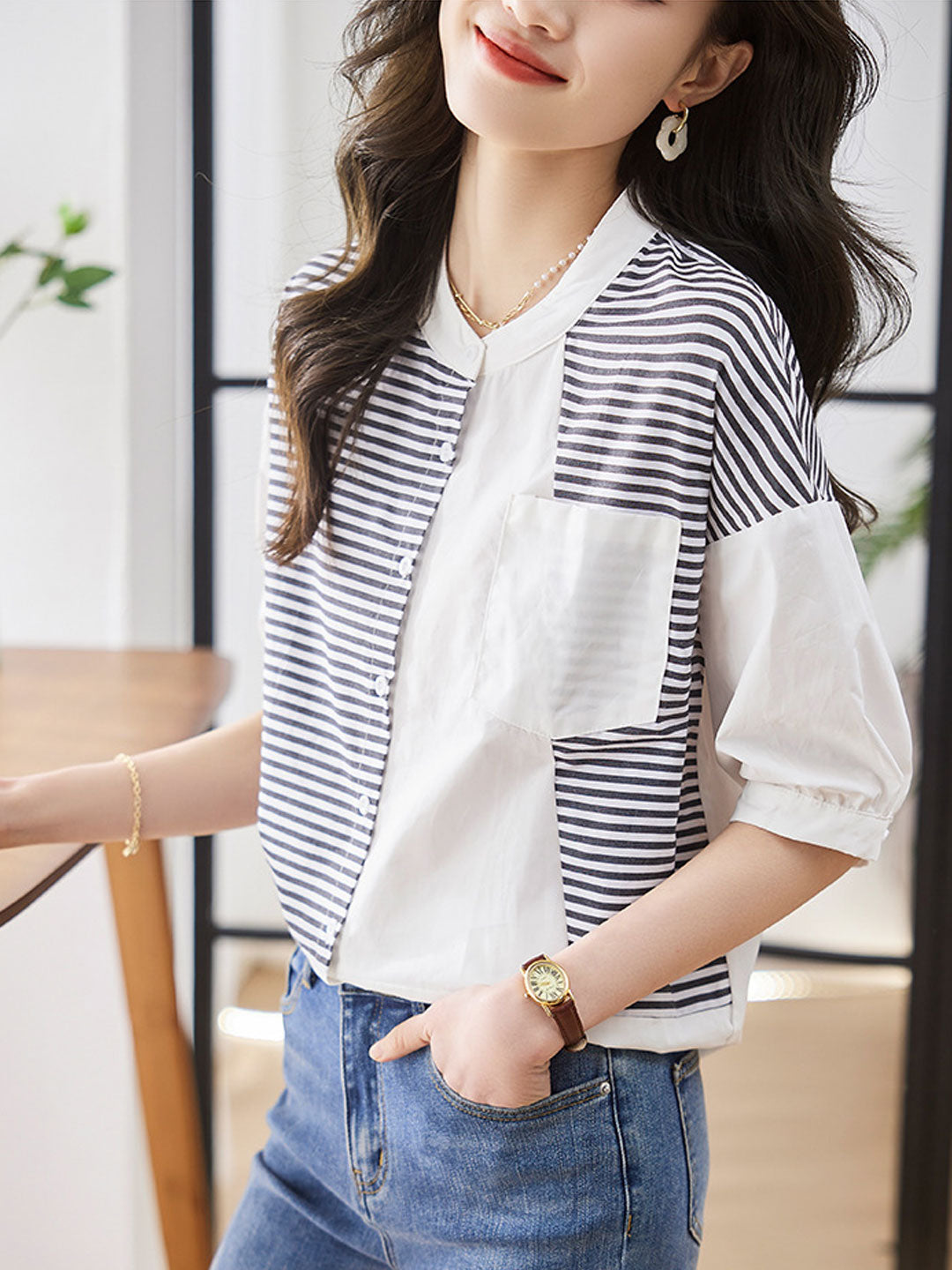 Natalie Casual Crew Neck Striped Cardigan