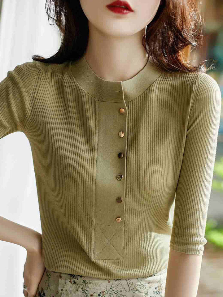 Brooke Crew Neck Solid Color Button Knitted Top