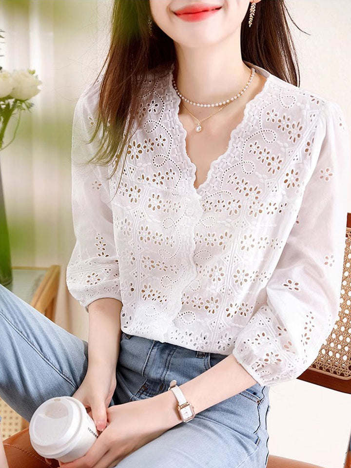 Kayla Retro V-Neck Embroidered Hollowed Top