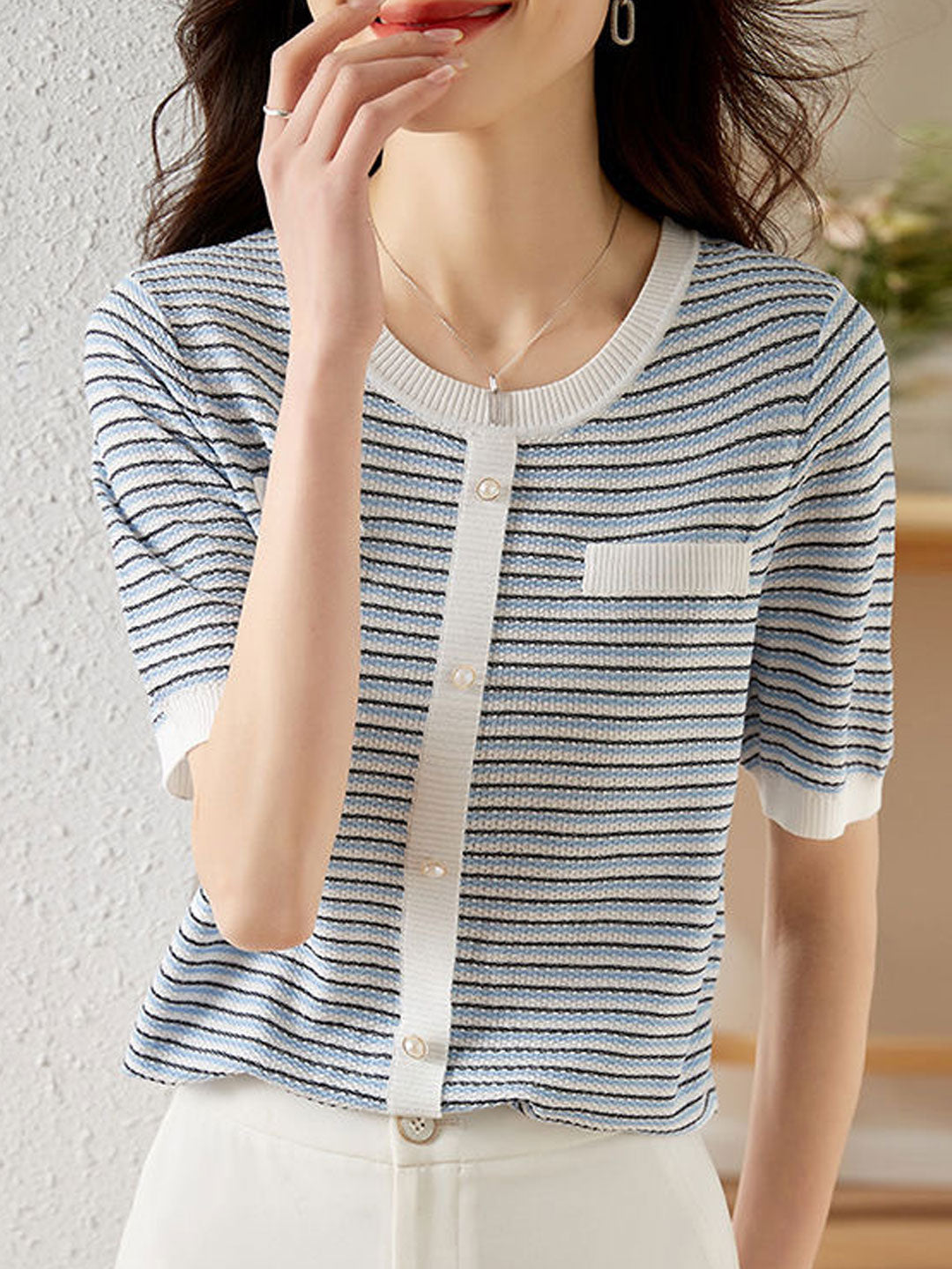 Anna Classic Crew Neck Striped Knitted Top