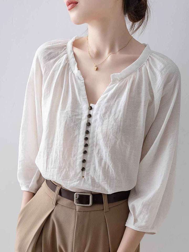 Samantha Loose V-neck Solid Color Shirt