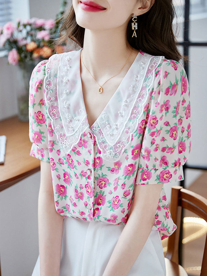 Bella Classic Floral Printed Beaded Chiffon Top-Pink