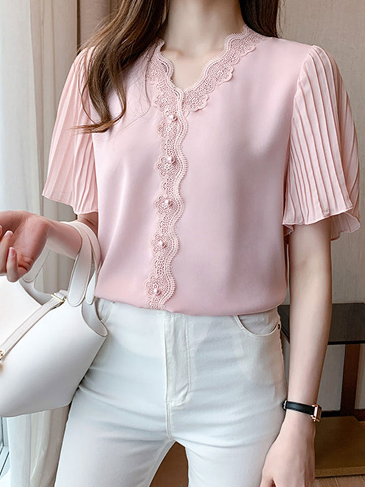 Elizabeth Classic V-Neck Lace Chiffon Top-Pink