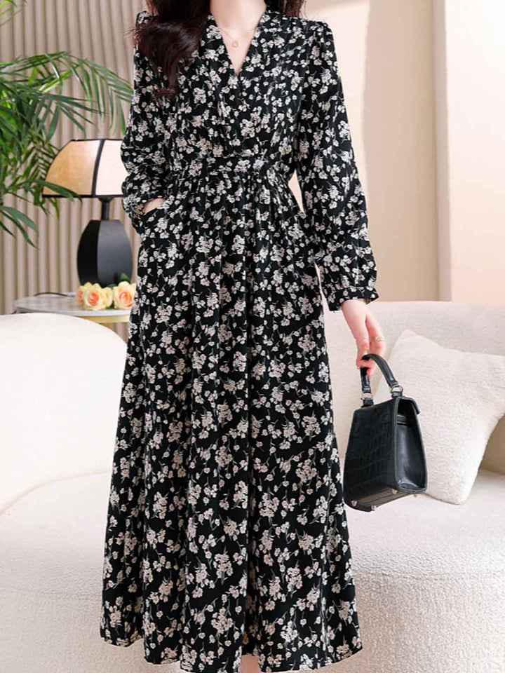 Taylor Retro V-Neck Lantern Sleeve Floral Dress