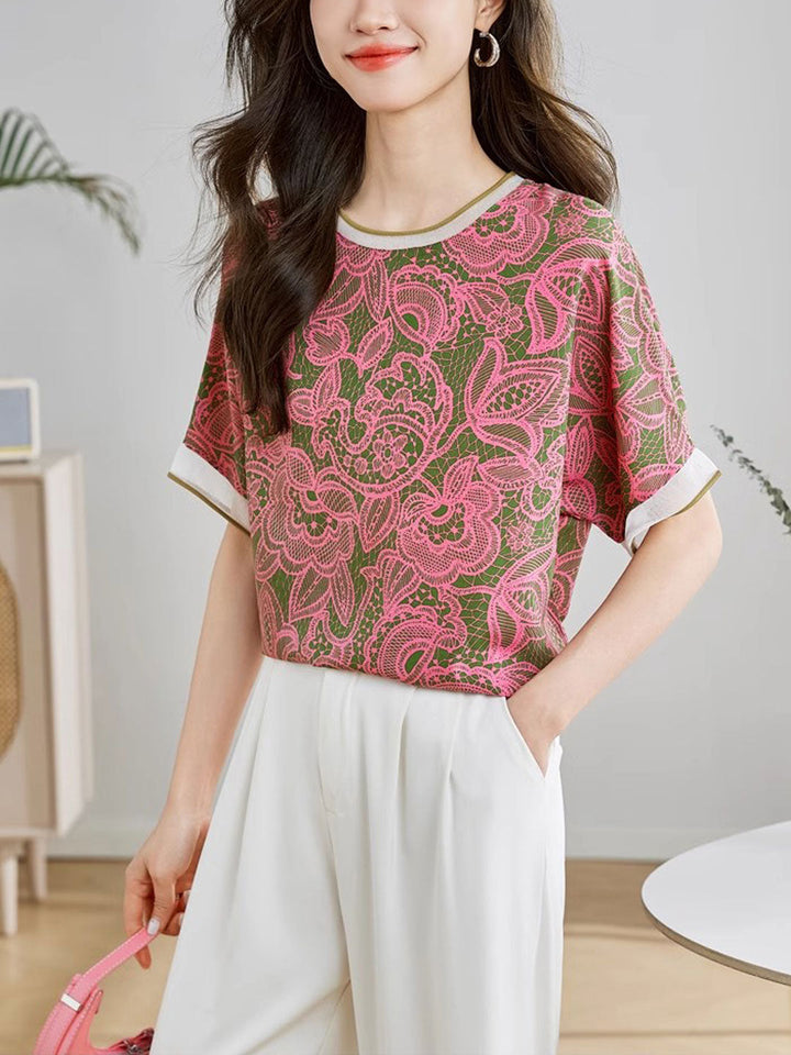 Aubrey Loose Crew Neck Floral Chiffon Top