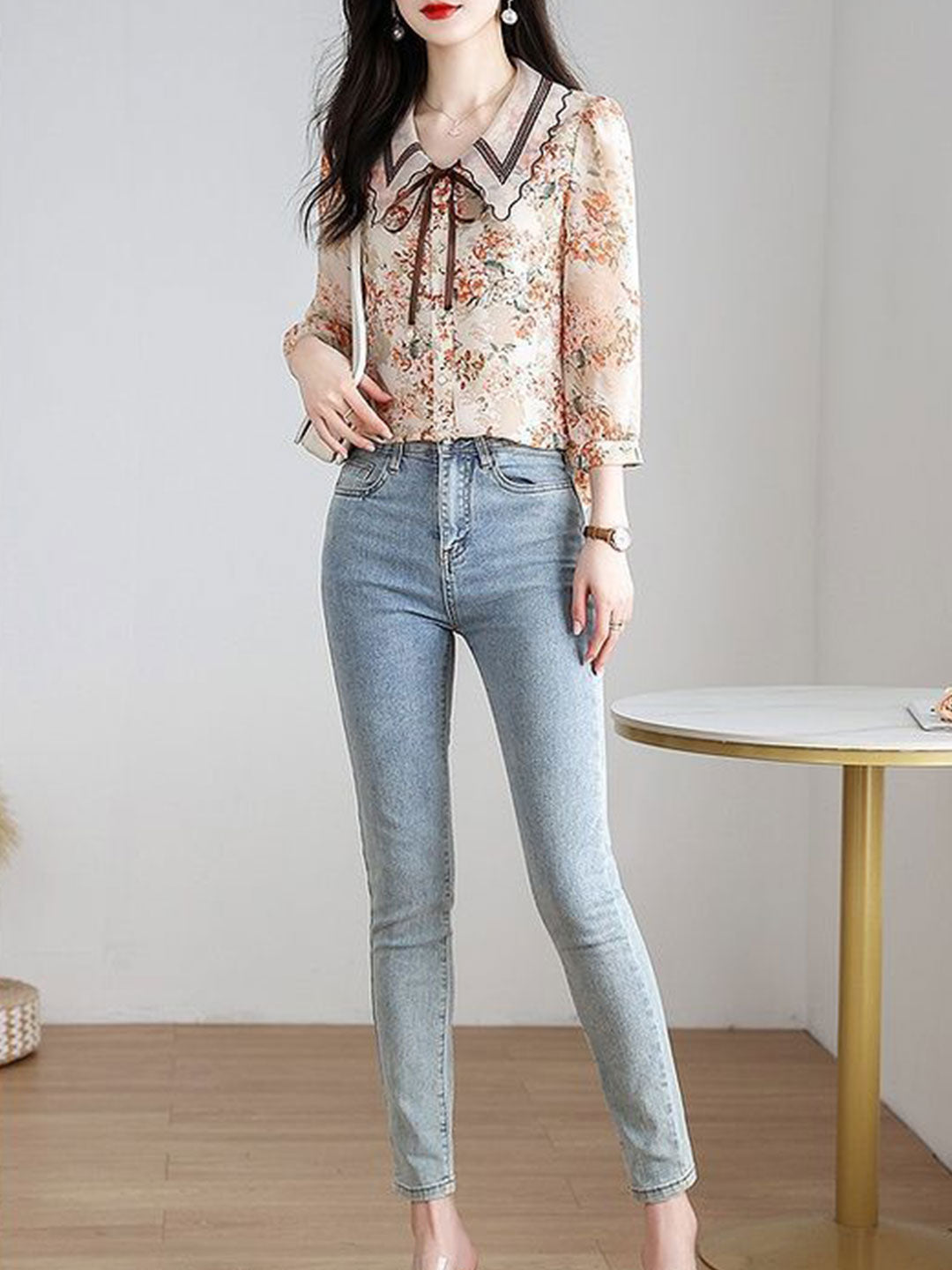 Rachel Classic Printed Floral Chiffon Shirt-Red