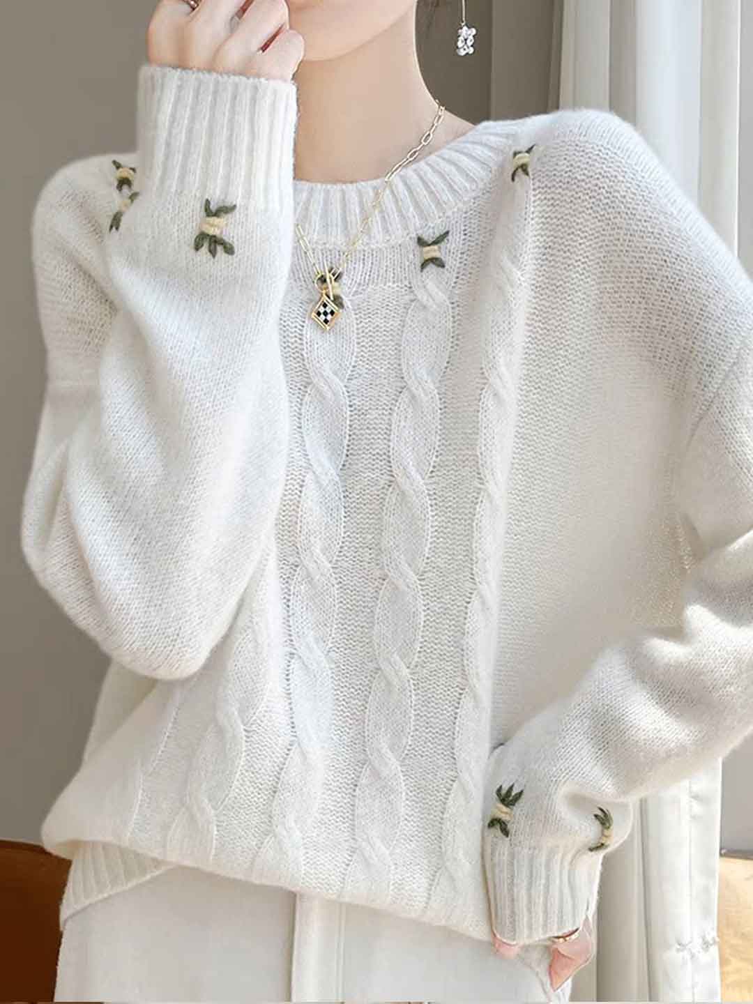 Bella Floral Crew Neck Solid Color Knitted Sweater