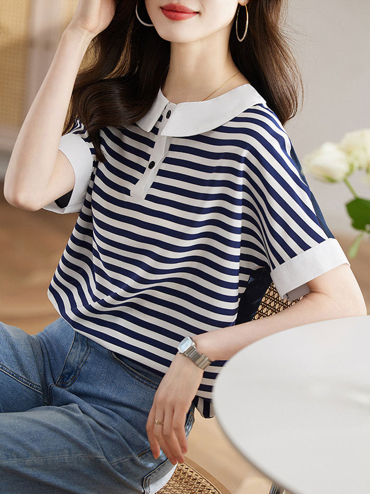 Brianna Loose Doll Collar Contrasted Chiffon Top