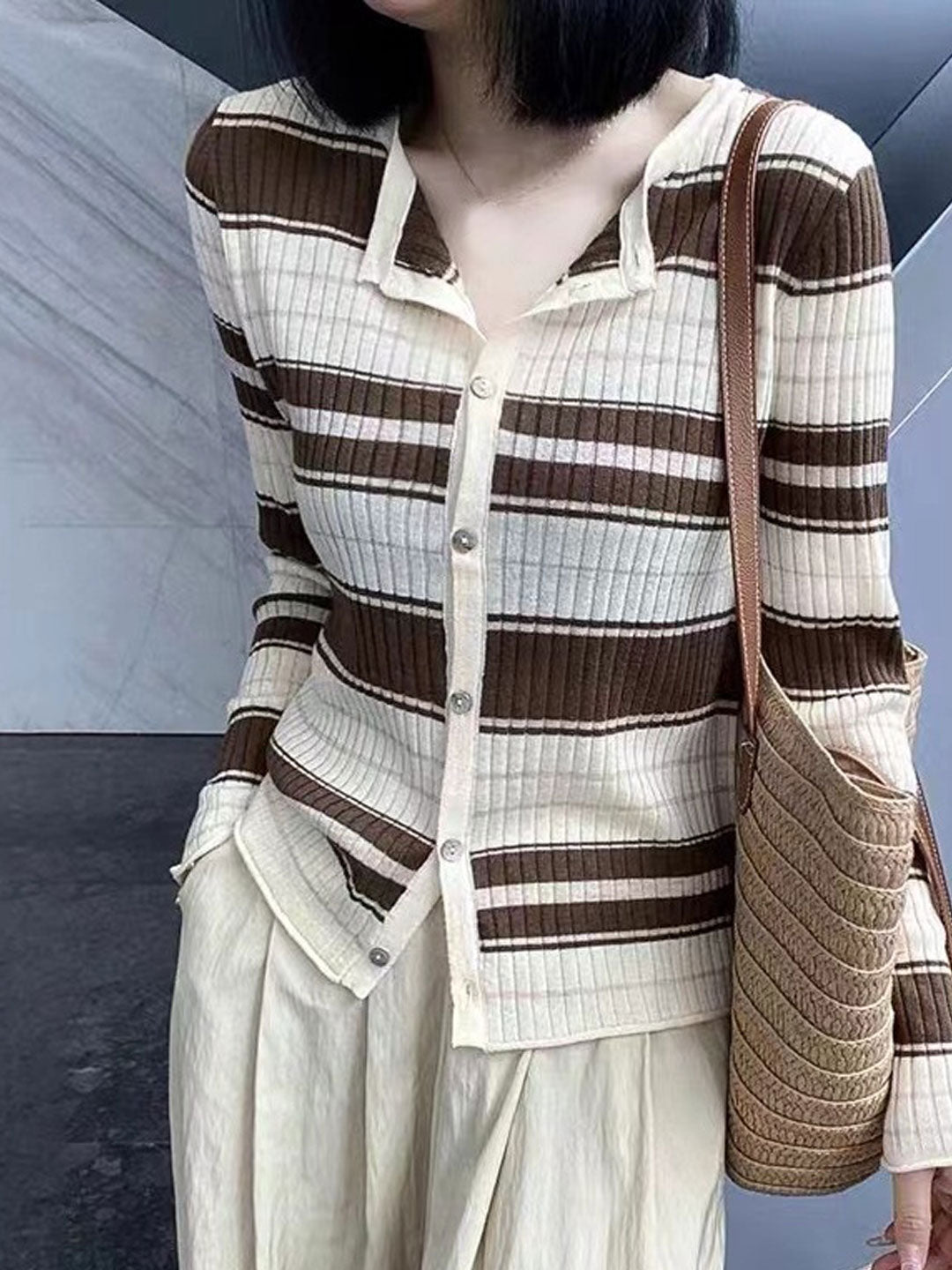 Sophia Slim Crew Neck Striped Button Knitted Cardigan