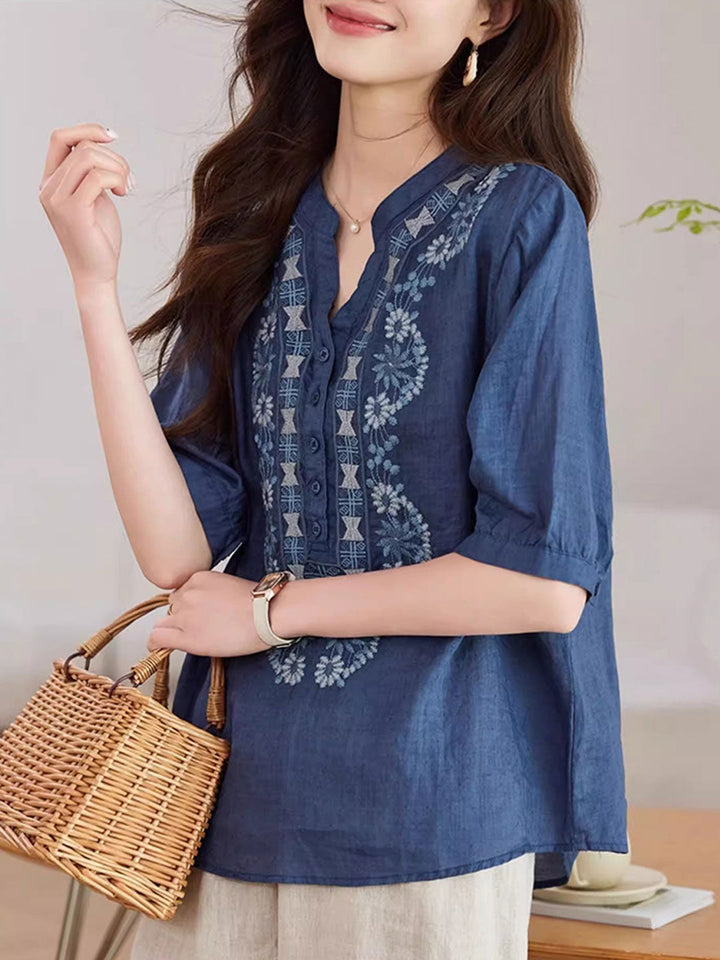 Zoe Loose V-Neck Embroidered Top