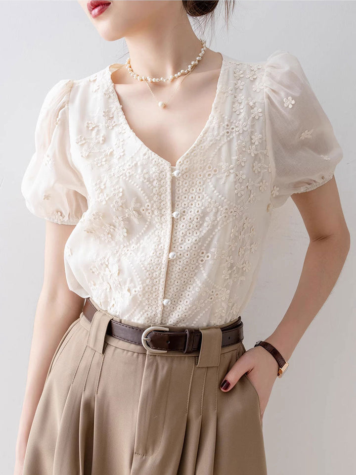 Hailey Classic V-Neck Puff Sleeve Lace Chiffon Top