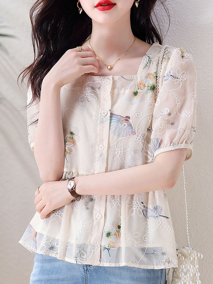 Kaitlyn Loose Puff Sleeve Printed Chiffon Blouse