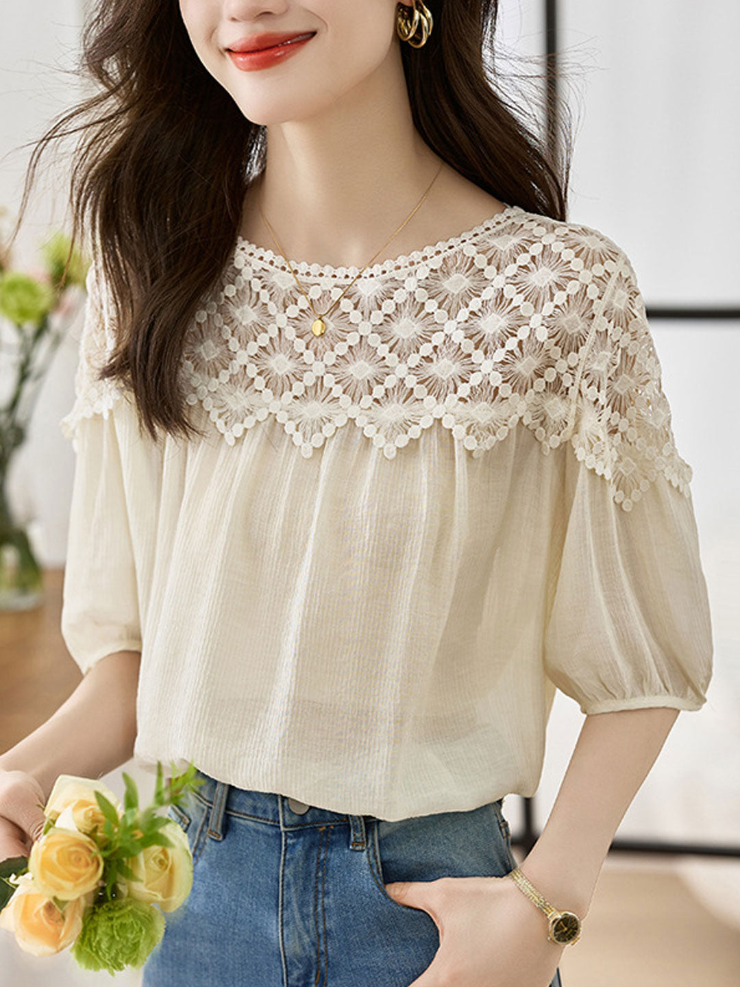 Sophie Loose Chiffon Lace Blouse-Khaki